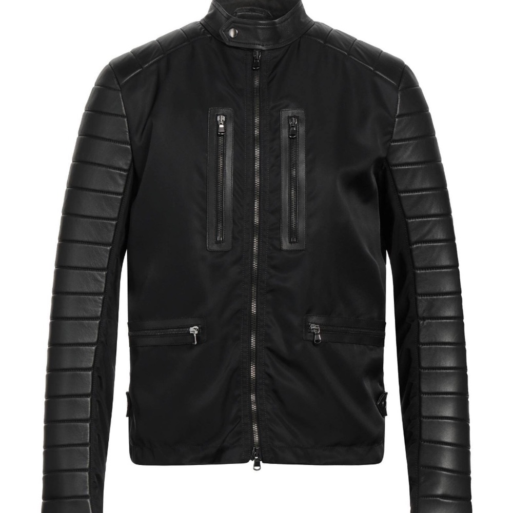 Pal Zileri Black Quilted weather resistant nylon fabric x lamb skin Biker.